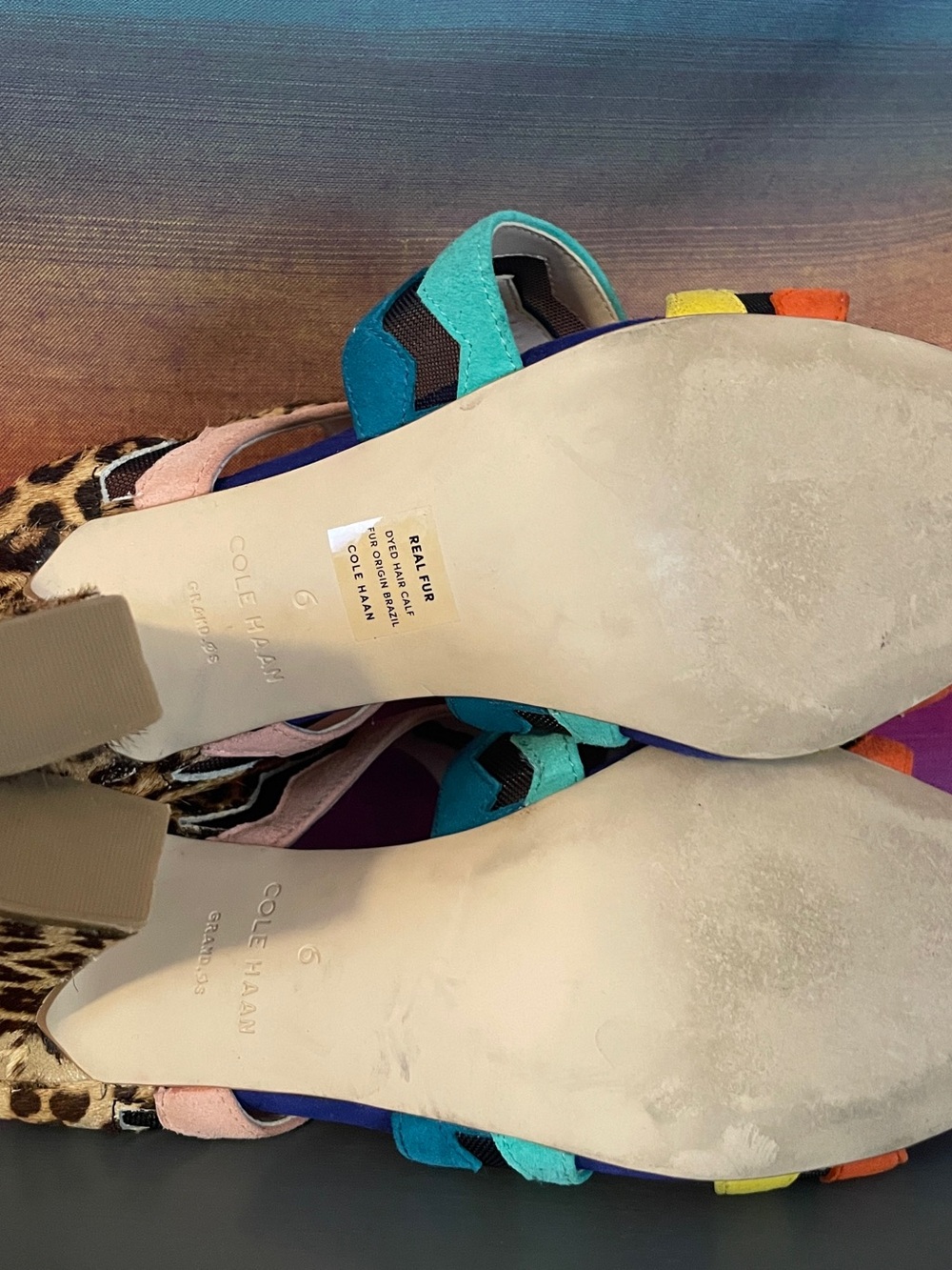 Cole Haan Amelia Haircalf Leopard Multicolor Suede Block High Heel Sandals 6B - Picture 8 of 12
